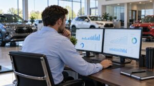 Dealership marketing analyst reviewing charts on two computer monitors.