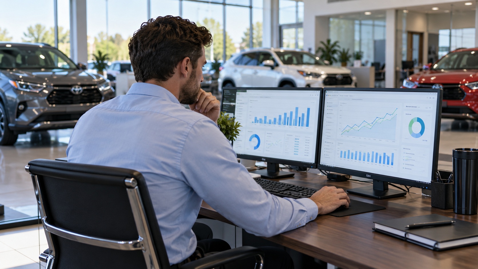 Dealership marketing analyst reviewing charts on two computer monitors.