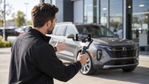 Content creator filming a vehicle walkaround with a smartphone on a gimbal.