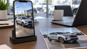 Smartphone showing a video ad of a silver SUV next to a printed photo of the same vehicle on a dealership desk