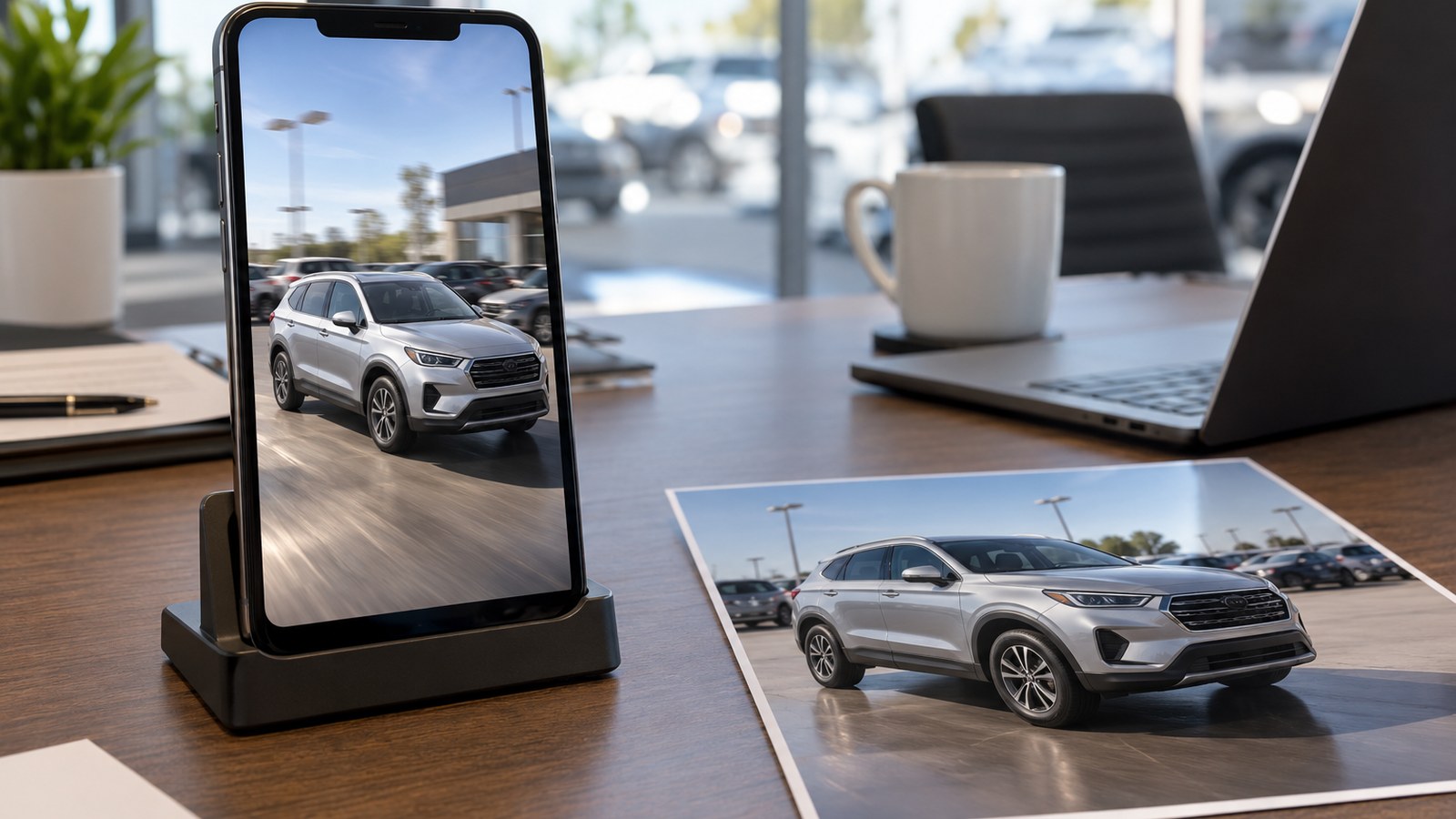 Smartphone showing a video ad of a silver SUV next to a printed photo of the same vehicle on a dealership desk